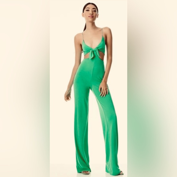 Alice + Olivia Strappy Havana Jumpsuit w Waist Cutouts & Front Bow Garden Green - Picture 8 of 8